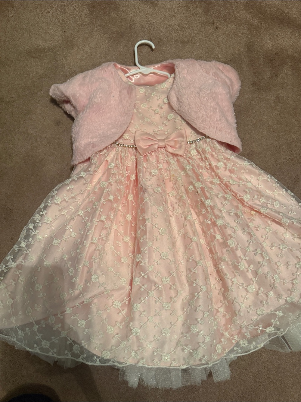 Pink Floral Lace Bow Party Dress with Faux Fur Bolero| American Princess| kids5